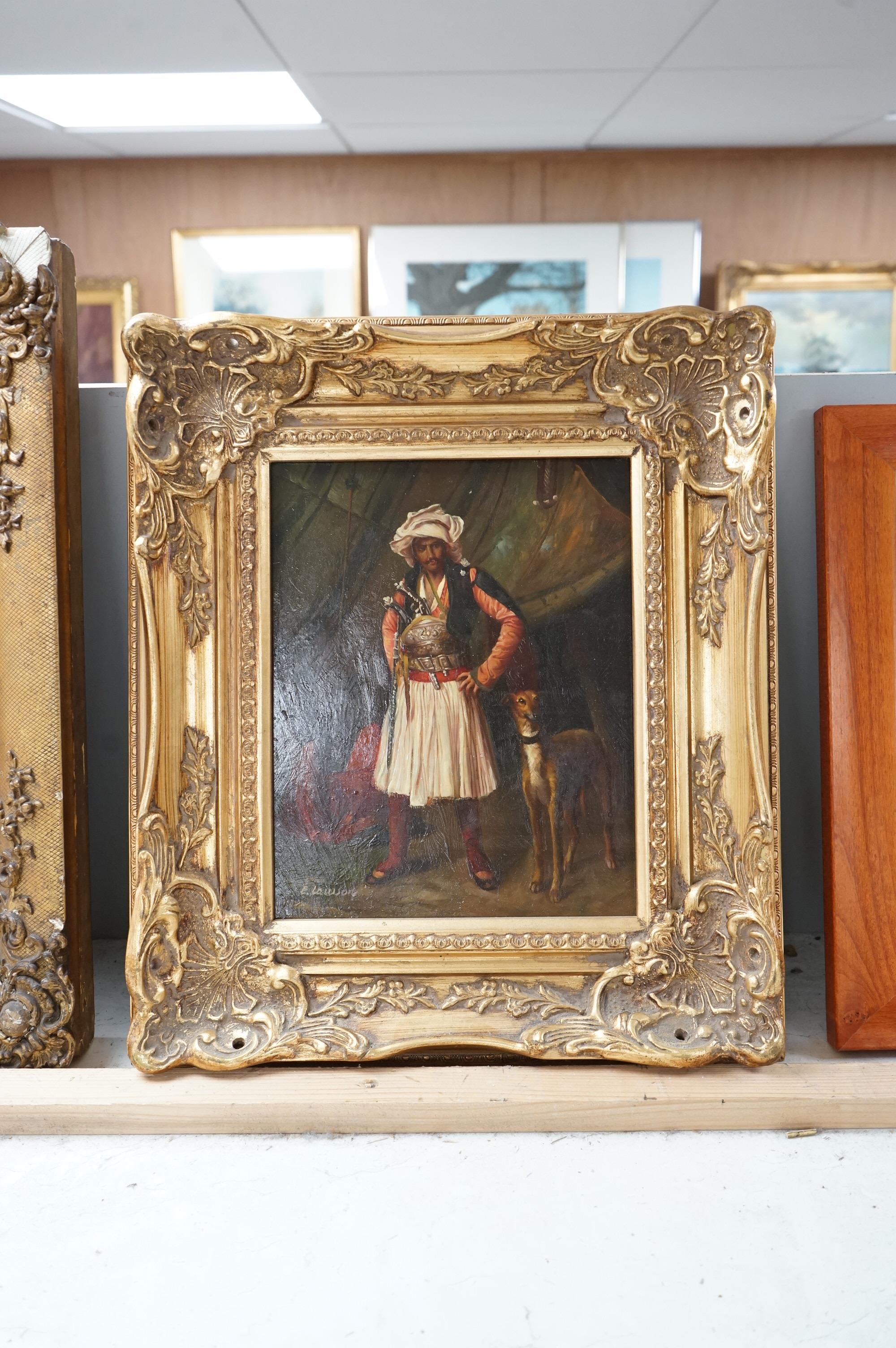 E. Lawson, oil on panel, Arab warrior and hound standing before a tent, signed, 24 x 19cm, ornate gilt frame